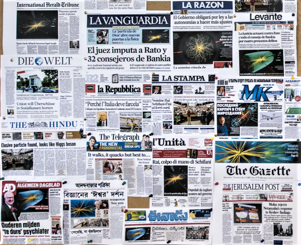 Newspapers around the world announcing the Higgs boson discover