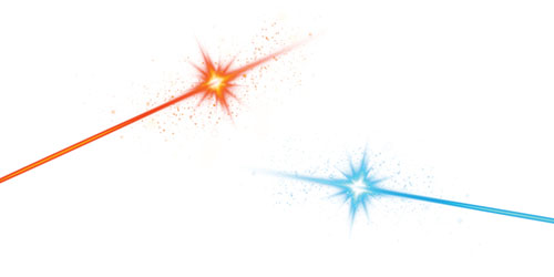 Two laser beams, one blue and one orange, intersect on a plain white background, creating a vibrant visual display.
