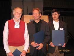 Michael Lieberman (Allis Prize), James Bergquist (Broida Prize), and Jun Ye (Rabi Prize) after the Plenary Session.