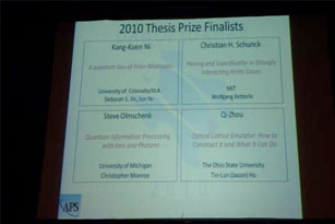 Liz McCormack, chair of thesis prize committee, introduced the thesis prize finalists listed here, and the prizewinner, Kang-Kuen NI.
