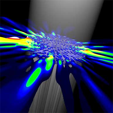 Three-dimensional rendering of the electric ﬁeld from numerical calculations in a random laser in which the yellow spheres represent the nanoparticles in a cylindrically symmetric gain medium. 