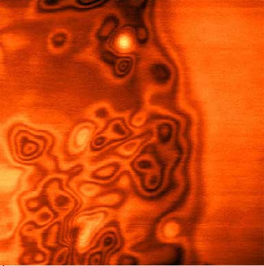 Scanned probe microscope image of electrons in a two dimensional electron gas inside a GaAs/AlGaAs heterostructure at a low temperature.