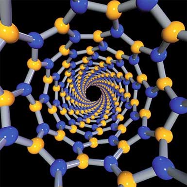 Boron nitride nanotubes are materials whose existence theorists predicted before they were synthesized in laboratories. The pictured image is a simulation of a single nanotube.