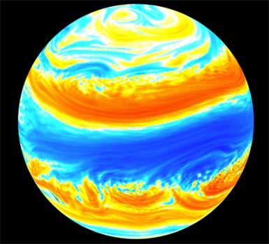 Relative vorticity of simulated barotropic flow on a rotating sphere that shows the formation of jets and also structures at mid to high latitudes. 