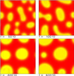 Figure 1 A liquid layer seen from the top. Different colors mean different layer depth (yellow=deep, red=shallow). Smaller drops are formed in the beginning. They finally merge into a few big ones, a process called coarsening. The time t is measured in dimensionless units and corresponds to some minutes in a viscous fluid like silicone oil. 