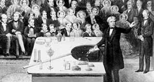 Michael Faraday delivering a Christmas Lecture at the Royal Institution in 1856.
