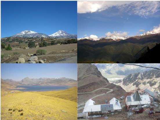 LAGO sites: Sierra Negra in Mexico (upper left), Pico Espejo in Venezuela (upper right), Marcapomacocha in Peru (lower left) and Chacaltaya in Bolivia (lower right).