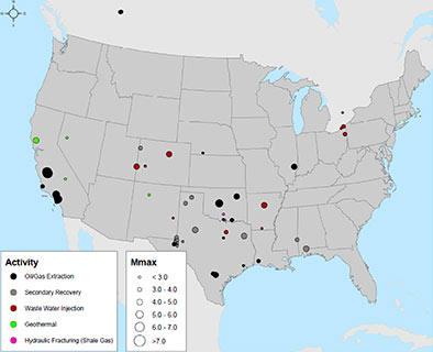 Figure 1. Sites in the US and Canada with reports of seismicity